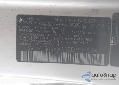 2002 BMW 745Li z USA, uszkodzony, nr VIN WBAGN63452DR05568